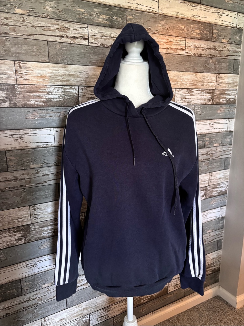 Adidas Navy Blue Hoodie Sweatshirt White Stripes Sporty Athleisure Womens M